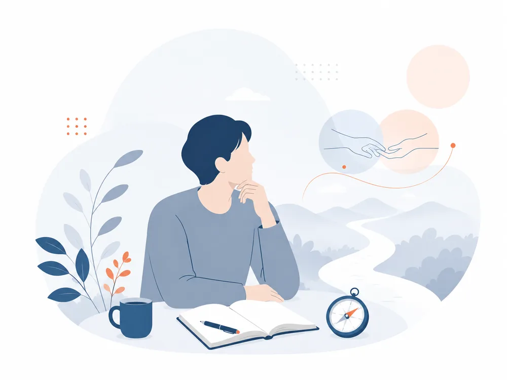 日記とコンパスを手に、自分の進む道についてゆっくり考えている人のイラスト