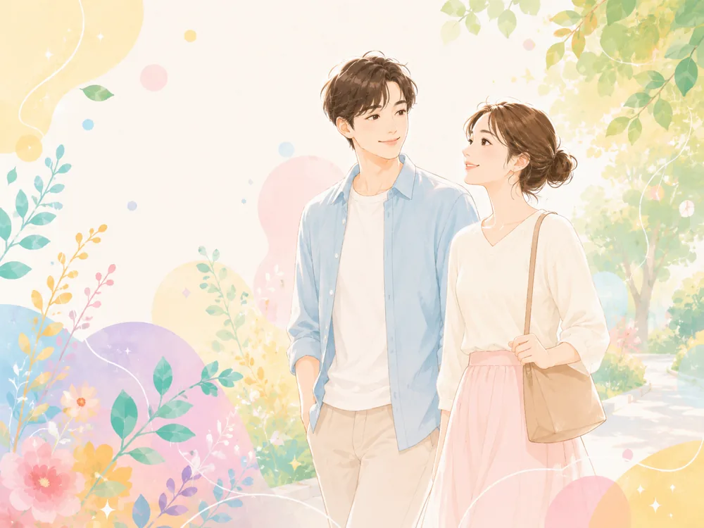 並んで歩きながら会話している二人のイラスト