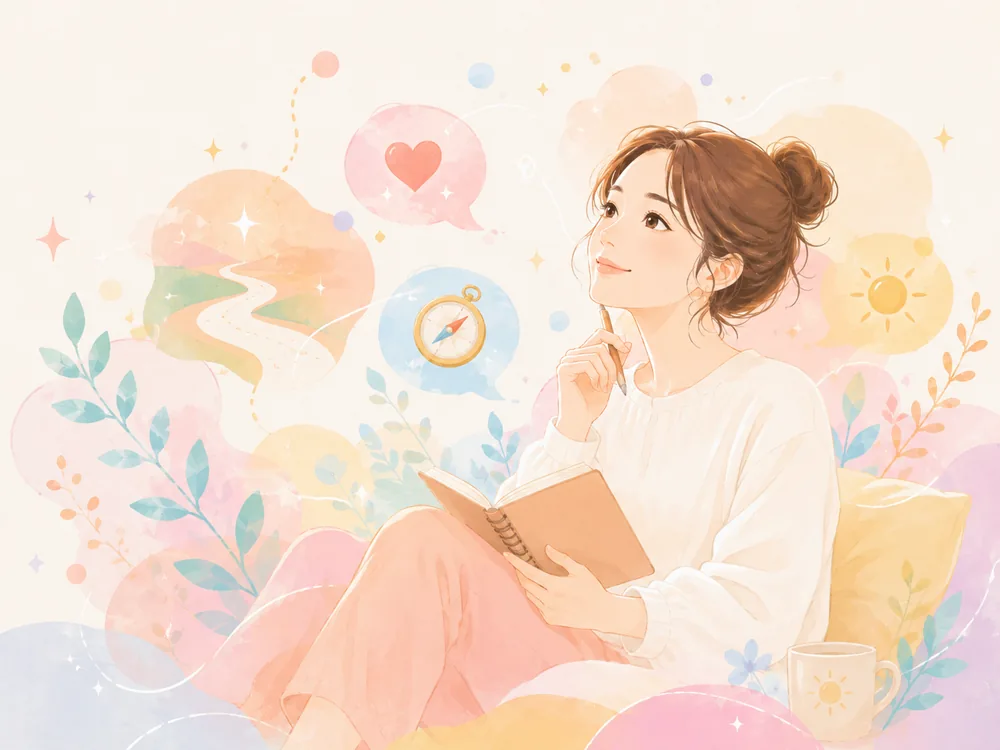 ノートを開き、これからの生き方やパートナーシップについて考えている女性のイラスト