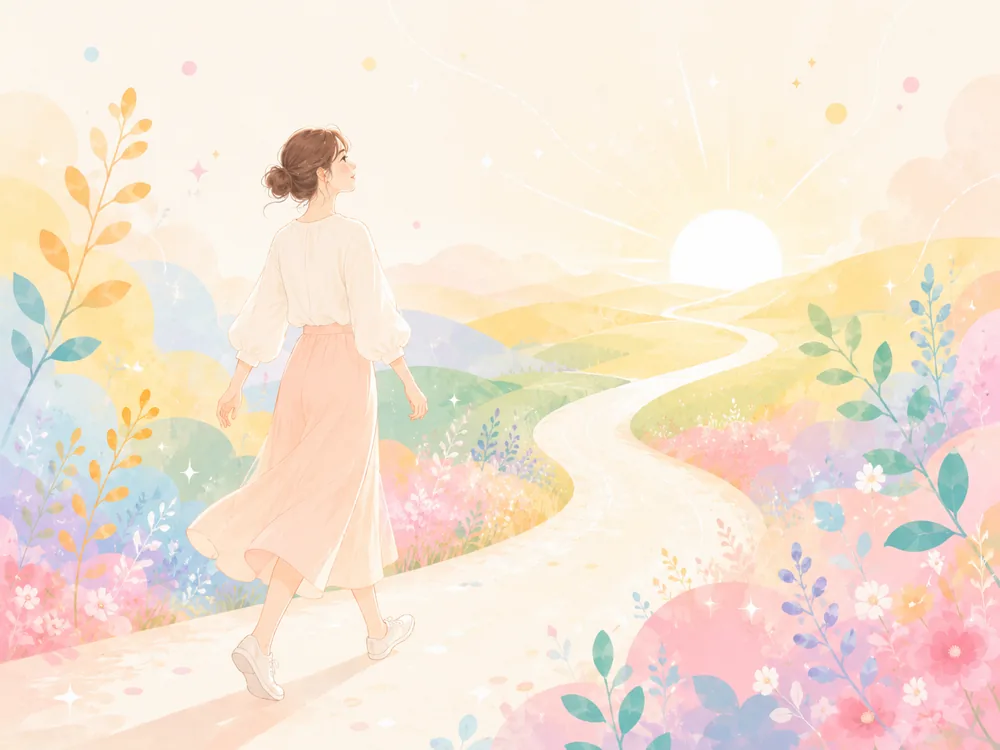朝日に向かう道を歩いていく女性のイラスト