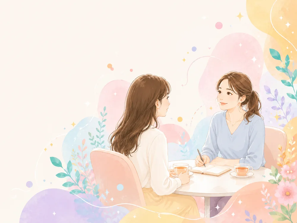 カウンセラーと向かい合って、お茶を飲みながら話している様子のイラスト