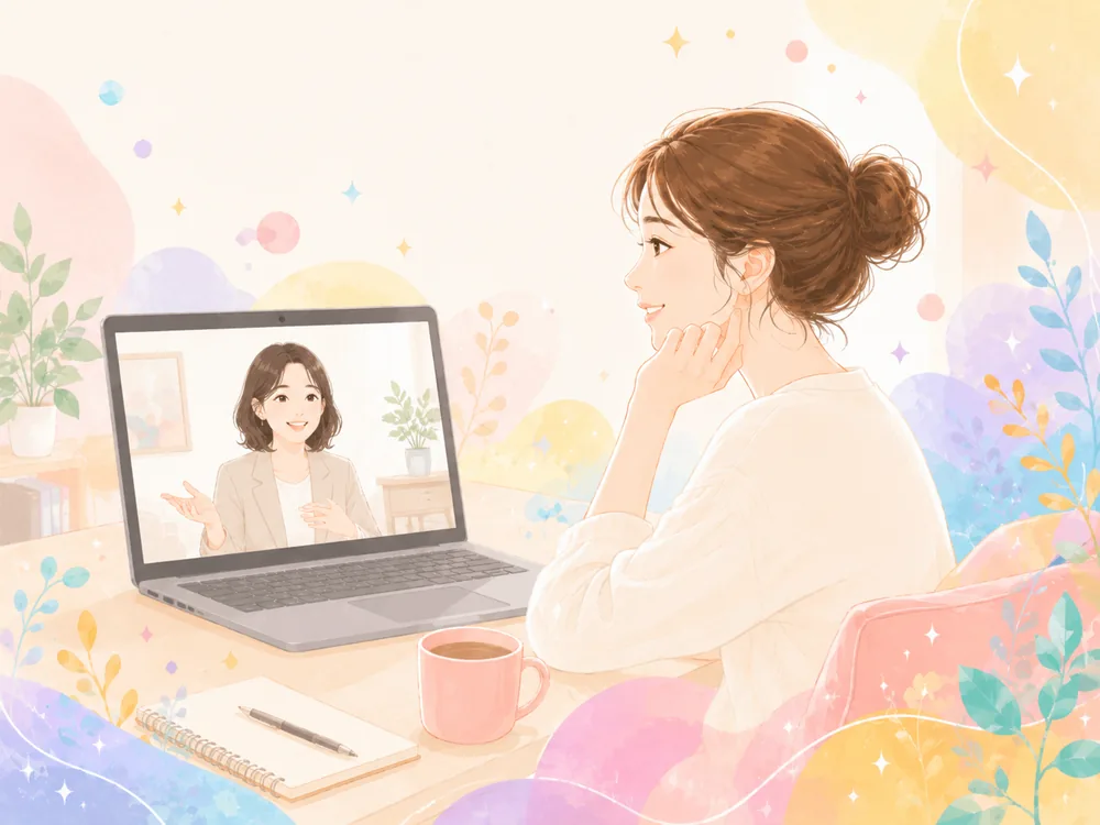 自宅からオンラインでカウンセラーと話している様子のイラスト