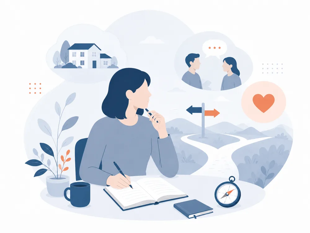 自分の人生や理想の家庭について、日記を書きながら考えている女性のイラスト