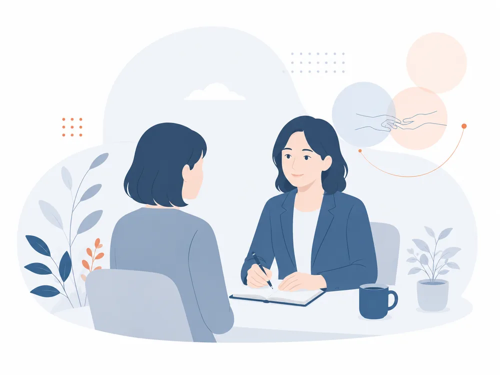カウンセラーと落ち着いて向き合って話している様子のイラスト