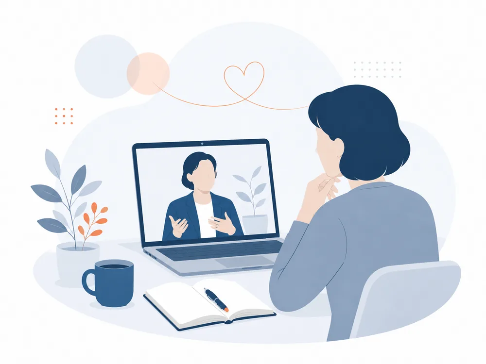 自宅からオンラインでカウンセラーと話している様子のイラスト
